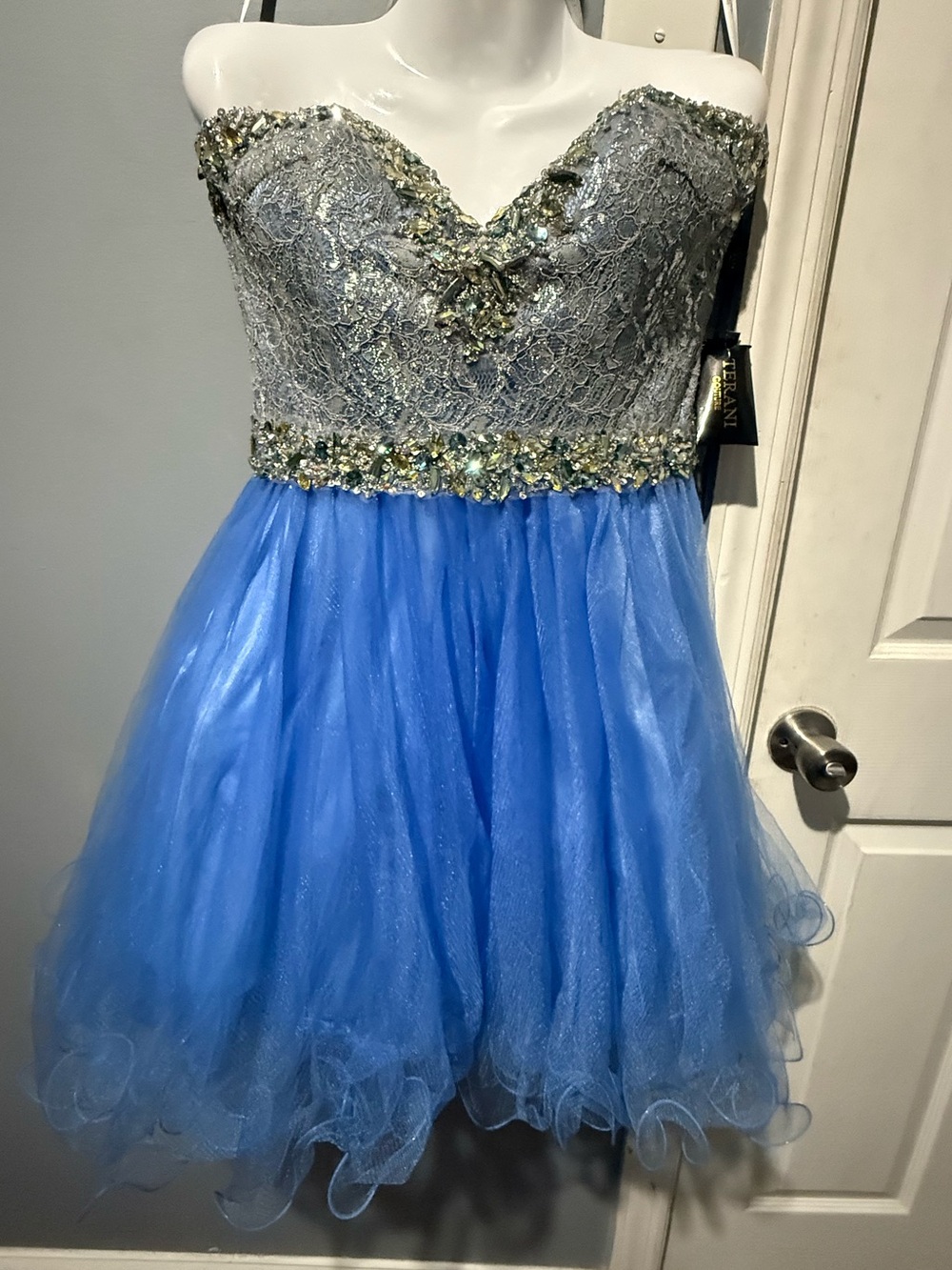 NWT Terani Couture Periwinkle Blue Silver Lace Rhinestone Babydoll Dress 12